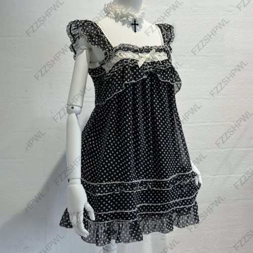Imagen de Vestido Punk Y2K con Estampado Gráfico de Lunares, Estilo Gótico Rock, Falda Acampanada Vintage con Tirantes, Ropa de Calle para Mujer