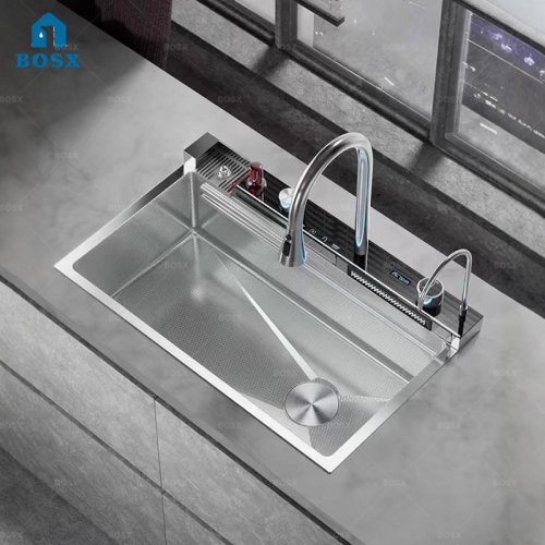 Afbeelding van Moderne Roestvrijstalen Keukenaanrecht met Digitale Kraan & Groentenbak