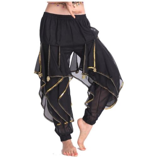 Bild von Lange Chiffon Bauchtanz Haremshose Tribal Arabisch Halloween Hose mit Goldbesatz Damen Tanzhose