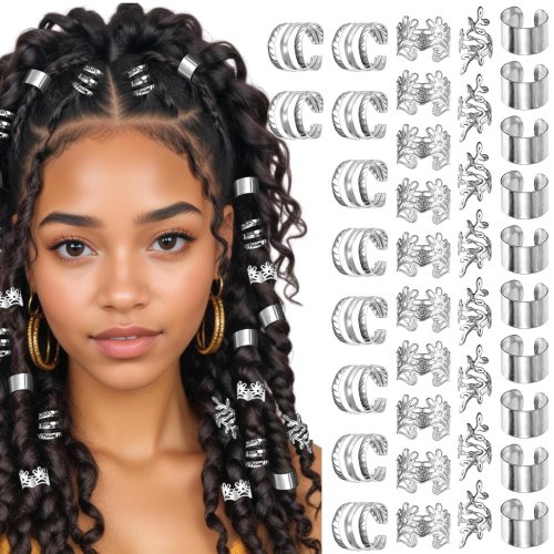 Bild von 40 Stück silberner Haarring-Schmuck für Zöpfe, Metall, verstellbarer Zopf-Schmuck, Loc-Dreadlock-Zubehör für Frauen und Mädchen