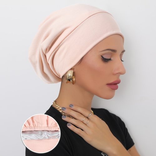 Zdjęcie Delikatny satynowy turban dla kobiet – muzułmański szalik, czapka do spania, bezpieczna ochrona włosów po chemioterpii, elegancka beanie z podszewką, idealny na codzienne noszenie