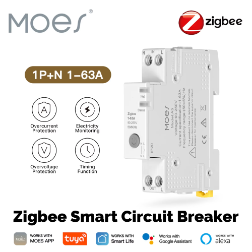 Immagine di Interruttore Automatico Intelligente Moes Tuya Zigbee da 63A con Allarme di Sovraccarico, Monitoraggio Elettrico Antincendio e Controllo Remoto via App