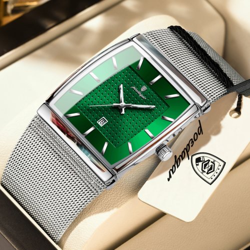 Afbeelding van POEDAGAR Top Luxe Heren Horloge Roestvrij Stalen Gaas Datum Waterdicht Lichtgevende Man Horloge Casual Rechthoek Quartz Heren Horloges