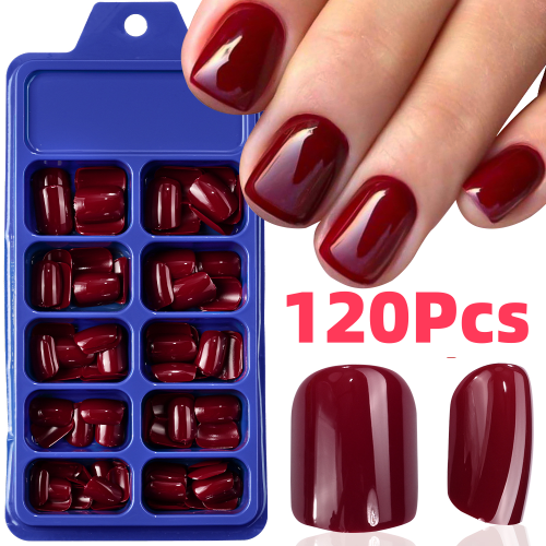 Immagine di Unghie Finte Rosse Corto Quadrato con Stampa sulla Punta - Copertura Completa Lucida in Acrilico per Donne, Ideale come Regalo per la Festa della Mamma