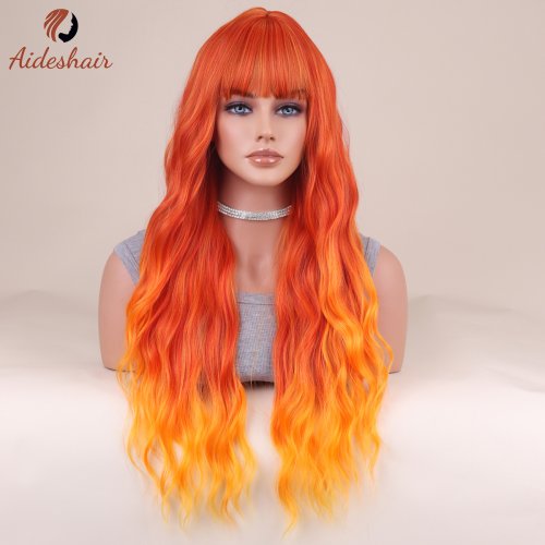 Image of Vibrant Orange Long Wavy Synthetic Wig with Bangs – Flame-Colored Curly Hair for Women’s Cosplay, Parties, and Costume Events
