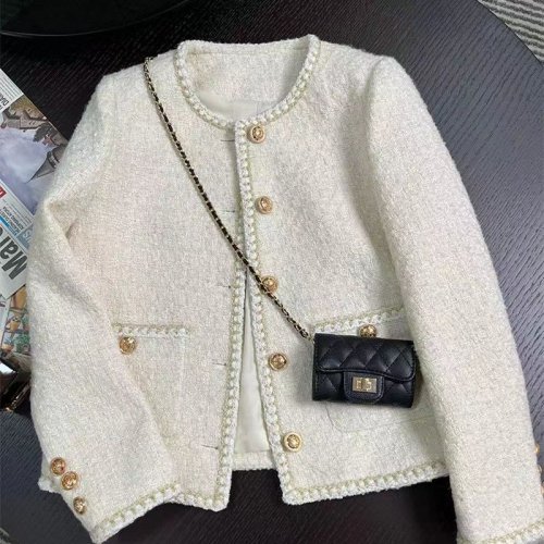 Image of Spring Autumn Women Tweed Jacket Round Neck Woolen Temperament Korean Chic Short Coat Chic Tweed Blazer Outerwear Blazer Women