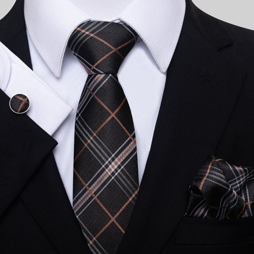 Immagine di Cravatta di Lusso da Uomo in Seta 8 cm con Righe Marrone e Nero, Set Completo con Fazzoletto da Taschino e Gemelli – Abbigliamento Formale Elegante per Ufficio e Cerimonie