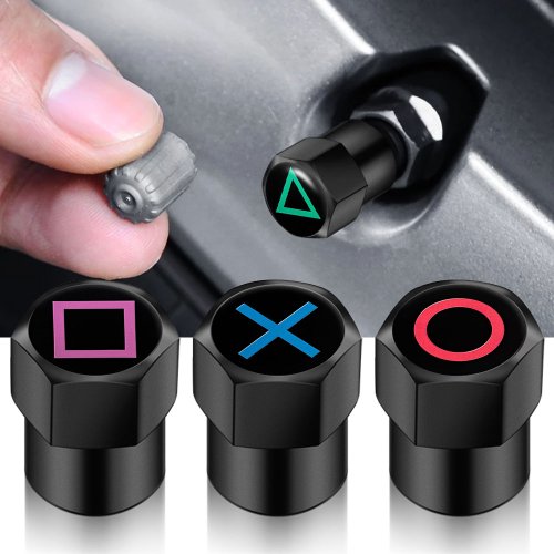 Afbeelding van 4 stuks universele game-knop symbool sticker voor auto ventieldopjes – stijlvolle wielventiel covers voor banden en air caps, perfect voor auto styling
