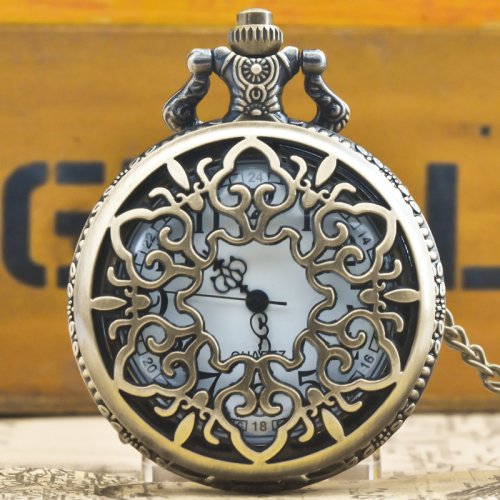 Imagen de Reloj de Bolsillo Steampunk para Niños y Niñas con Collar, Diseño Retro de Bronce con Tapa de Flor Calada y Movimiento de Cuarzo