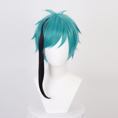 Imagen de Peluca Corta Mezclada Negro y Azul para Cosplay de Floyd Jade de Twisted Wonderland - Pelo Sintético Resistente al Calor con Gorro Incluido