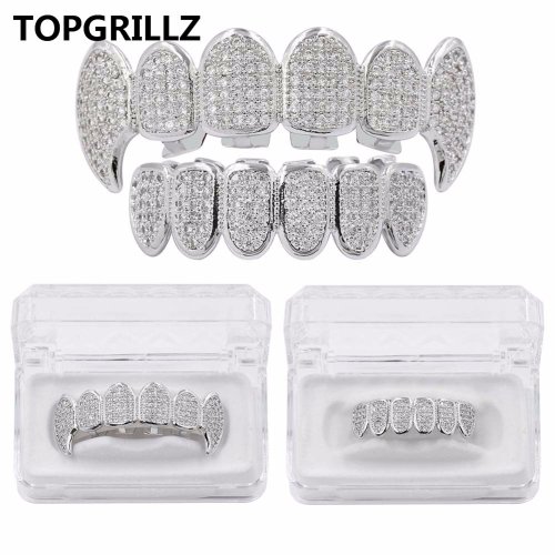 Image of Elegant Silver Plated CZ Micro Pave Top and Bottom Teeth Grill Set with Rhodium Finish - Vampire Style Dental Jewelry