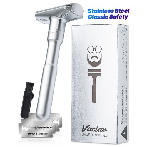 Zdjęcie Maszynka do golenia dla mężczyzn Vaclav, wielokrotnego użytku, ze stali nierdzewnej, klasyczna, z wymiennymi ostrzami, do golenia twarzy, ostry, przenośna, podróżna.