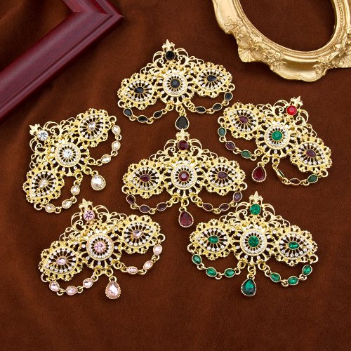 Image of Elegant Sunspicems Colorful Crystal Brooch with Hollow Tassel Design and Water Drop Rhinestones for Women's Moroccan Bridal Caftan