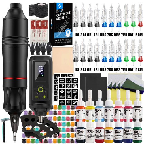Immagine di Kit Completo Professionale per Tatuaggio Wireless con Penna Rotativa, Alimentatore, Aghi e Inchiostri – Ideale per Principianti