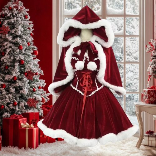 Afbeelding van Rode Kerstjurk met Mantel voor Vrouwen – Warme Plus Size Cosplay Outfit met Cape, Volledige Set voor Feesten en Rollenspel
