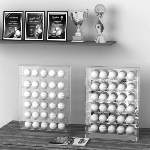 Image of Wall-Mounted Acrylic Golf Ball and Club Display Case – Elegant Storage for 20 or 30 Golf Balls with Sleek Shelves for Clubs