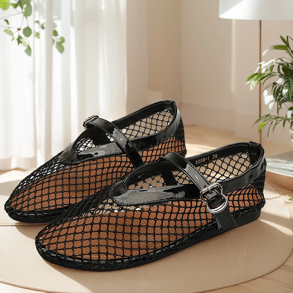Image of Women Mesh Ballet Flats Fishnet Ballerina Flats Comfortable Round Toe Ballet Shoes Breathable Casual Walking Shoes for Commuting
