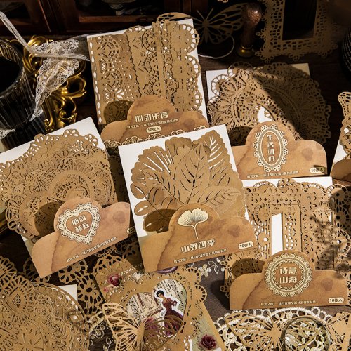 Zdjęcie JIANQI 10 sztuk koronka w stylu vintage ramka materiał w kształcie liścia papier dekoracje do scrapbookingu kolaż śmieci dziennik DIY pamiętnik motyl papier typu kraft