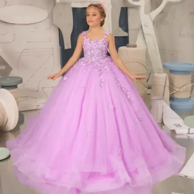 Image de Robe Princesse Rose Clair pour Fille - Tulle & Fleurs Appliquées
