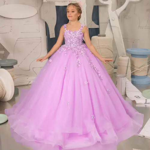 Image de Robe Princesse Rose Clair pour Fille - Tulle & Fleurs Appliquées