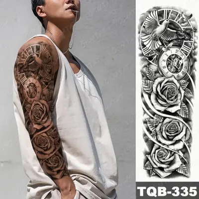 Image de Tatouage Temporaire Étanche - Manchon Complet Rose & Oiseau