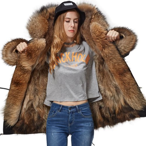 Immagine di Cappotto Invernale Donna in Vera Pelliccia di Volpe con Collo in Pelliccia di Procione, Parka Lungo Impermeabile e Spesso con Cappuccio Nero
