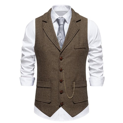 Image of Men's Classic English-Style Suit Vest with Turn-Down Collar and Pockets – Smart Casual Vintage Waistcoat for Gentlemen