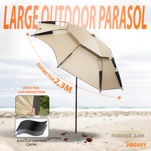 Zdjęcie Duży Parasol Plażowy Vogasy w Kolorze Beżowym z Ochroną UV i Czarną Dwuwarstwową Powłoką – Idealny dla Ogrodu, Kampingu i Wędkowania