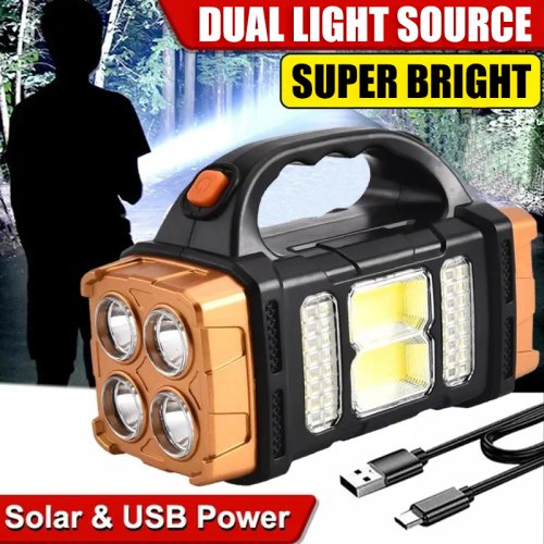 Afbeelding van Draagbare, krachtige USB-oplaadbare zaklamp met LED-licht en zonne-energie, COB-werklamp met 4 snelheidslagen, ideale campinglamp en oplader voor mobiele telefoons