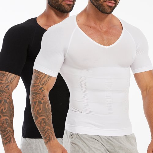 Zdjęcie Męska koszulka kompresyjna z krótkim rękawem, dekolt w kształcie litery V, bielizna modelująca kontrola brzucha, podkoszulek z płaskim brzuchem, trening fitness, wyszczuplający modelator sylwetki