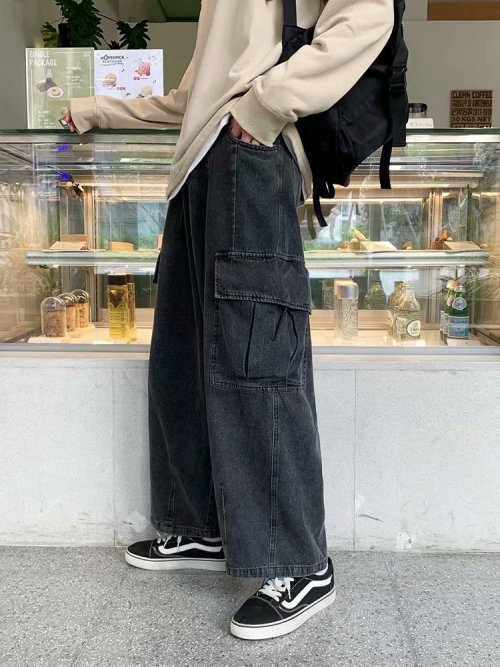 Bild von Herren Baggy Jeans Oversize – Weites Bein, Streetwear Cargohose mit Mehrfachtaschen, Hip Hop & Harajuku Stil, Denim Hose in Schwarz und Blau