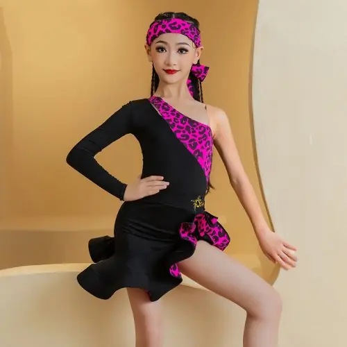 Image de Robe de Danse Latine Léopard Rose Fluorescent pour Filles