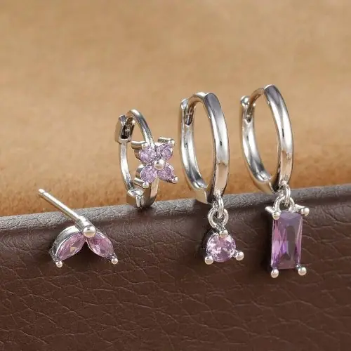 Image de Boucles d'oreilles Fleur Zircon Cubique - Ensemble 4 Pièces Or 18K