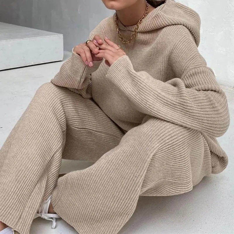 Image of Cozy Autumn Women's Knitted Two-Piece Tracksuit with Hooded Pullover Top and Wide Leg Pants