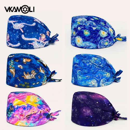 Imagen de Gorro quirúrgico estampado con diseño de cielo estrellado y espacio, gorro médico de pelo largo, gorros médicos de odontología cosmética para médicos