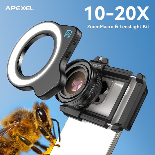 Apexel 10-20x Zoom Makroobjektiv mit HD-Mikrofon und LED-Fülllicht – Universelle Kamera-Linse für iPhone, Samsung und alle Smartphones zur Wimpern- und Makrofotografie
