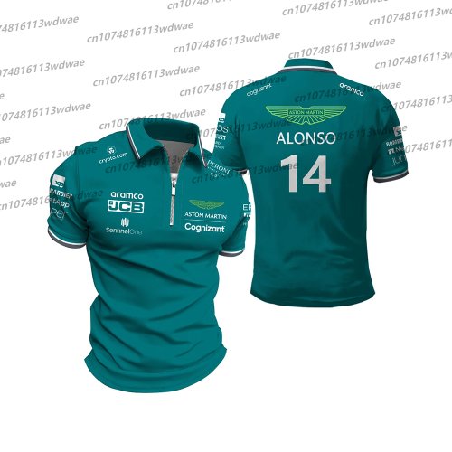 Afbeelding van Aston Martin T-shirt Racing Team Trainingspak Street Style Poloshirt met rits Fernando Alonso 14 Kit Man Dames T-shirt met korte mouwen