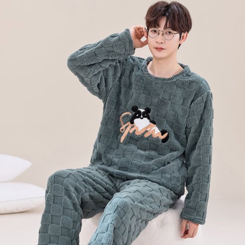 Image of Men's O-Neck Long Sleeve Striped Flannel Pajama Set – Comfortable, Warm, Korean-Style Home Wear in Big Sizes Up to XXXL