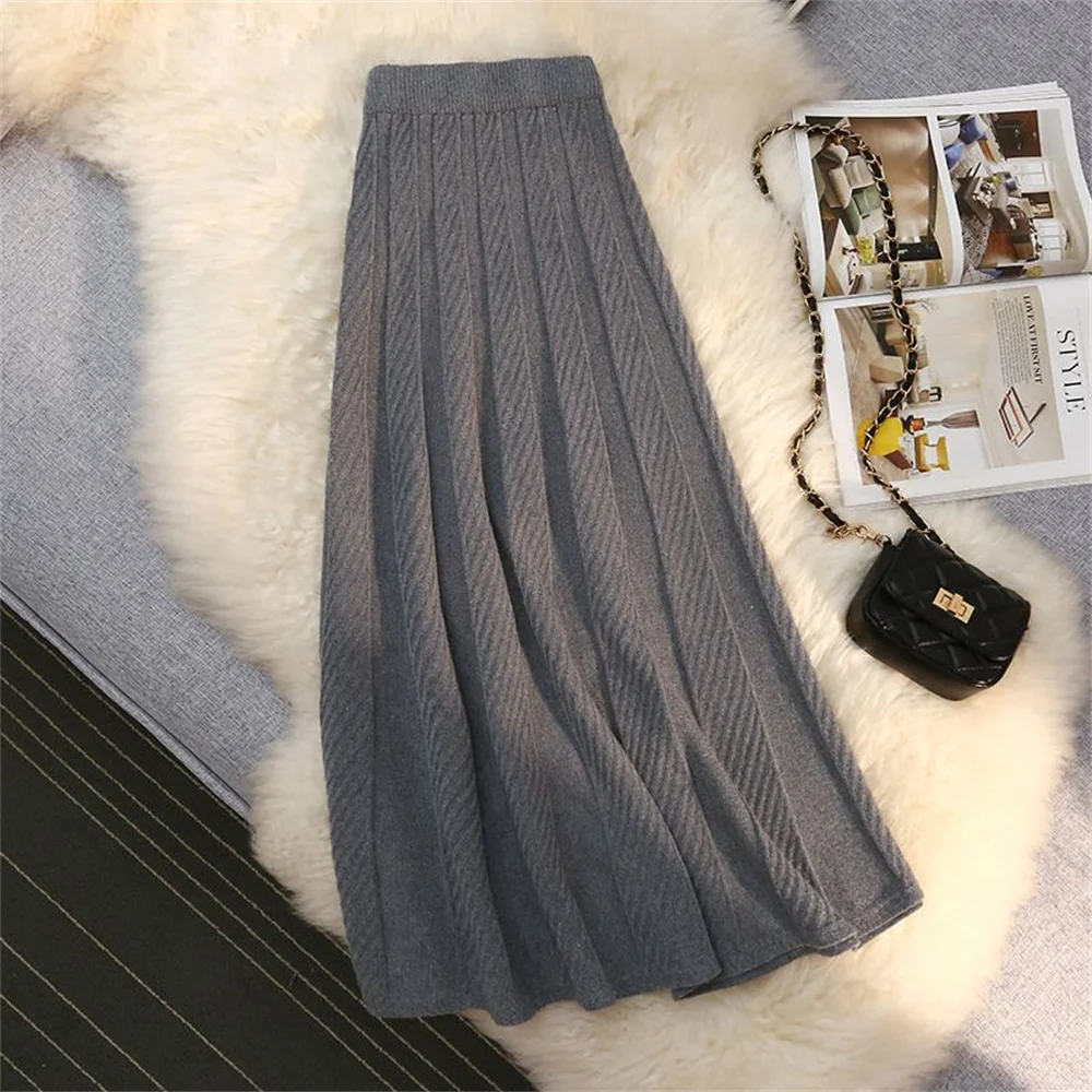 Afbeelding van Dames Herfst-Winter Gebreide Lange Rok met Hoge Taille – Casual A-Lijn Geplooide Warme Rok in Elegante Effen Kleur