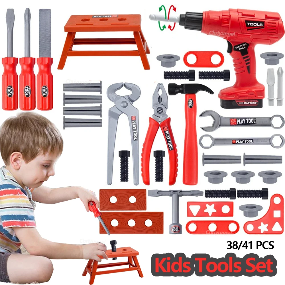 Bild von Pretend Tools Kit Spielzeug 38/41 PCS Spielen Reparatur Werkzeug Set Ingenieur Simulierte Kunststoff Bau Spielzeug Kleinkind Kinder Jungen Geschenk
