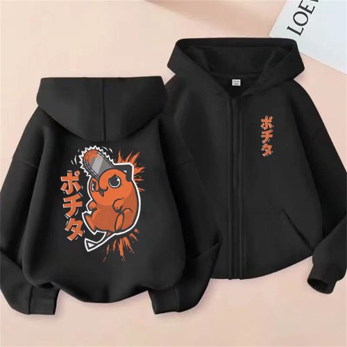 Immagine di Felpa con Cappuccio Anime Chainsaw Man Lavato Retro con Zip, Grafica Divertente di Denji e Pochita, Giacca Oversize per Uomo e Donna, Stile Manga