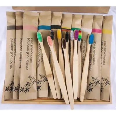 Image de Brosses à Dents en Bambou Colorées – Lot de 10, Poils Souples