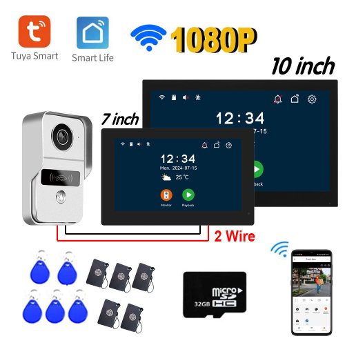 Nuevo HD 7/10 pulgadas 2 cables intercomunicador timbre de puerta sistema de videoportero para portero de casa WiFi Tuya Smart Life APP 1080P Monitor táctil