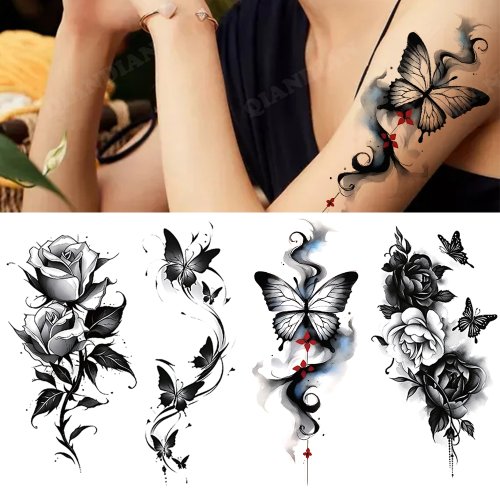Bild von Stilvolle temporäre Tattoos – Schwarzblume & Schmetterling für Frauen