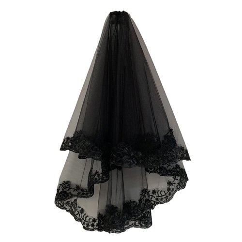 Image of Elegant Black Lace Cathedral Veil with Comb for Wedding or Halloween Costume