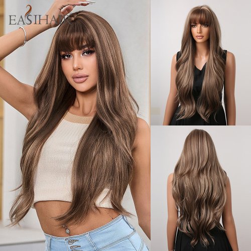 Image of Natural-Looking Brown and Blonde Mixed Synthetic Wig with Bangs – Long Wavy Heat-Resistant Hair for Black Women – Perfect for Daily Wear and Cosplay