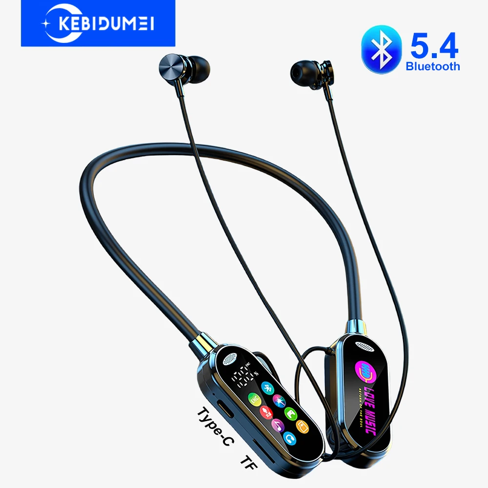 Afbeelding van Bluetooth 5.4 Nekband Koptelefoon met Kleurenscherm, Draadloze Oordopjes met Ruisonderdrukking voor Live Audio Monitoring