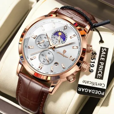 Image de Montre Homme Luxe Étanche avec Chronographe et Bracelet Cuir