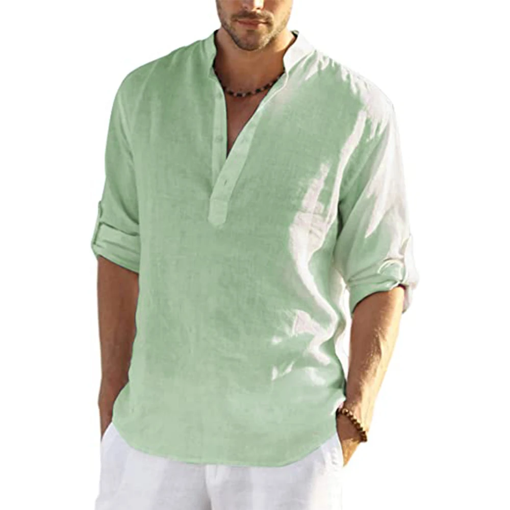 Afbeelding van Katoen Linnen Hot Sale Heren Shirts met lange mouwen Zomer Effen Kleur Opstaande Kraag Casual Strandstijl Plus Size