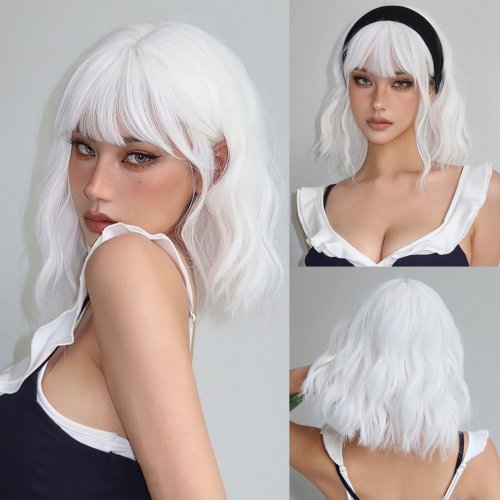 Image of Natural-Looking Short White Bob Synthetic Wig with Wavy Lolita Style and Bangs – Heat-Resistant Cosplay Wig for Women